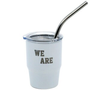 white mini tumbler with lid, straw, and etched We Are